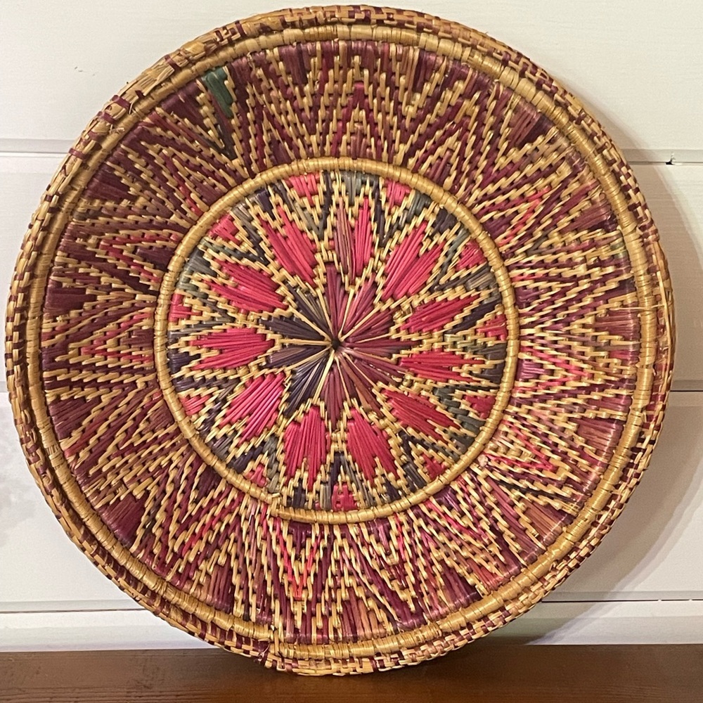 Vintage Woven Basket Wall Art Circle Boho Decor Pink Purple 11”/ 12”